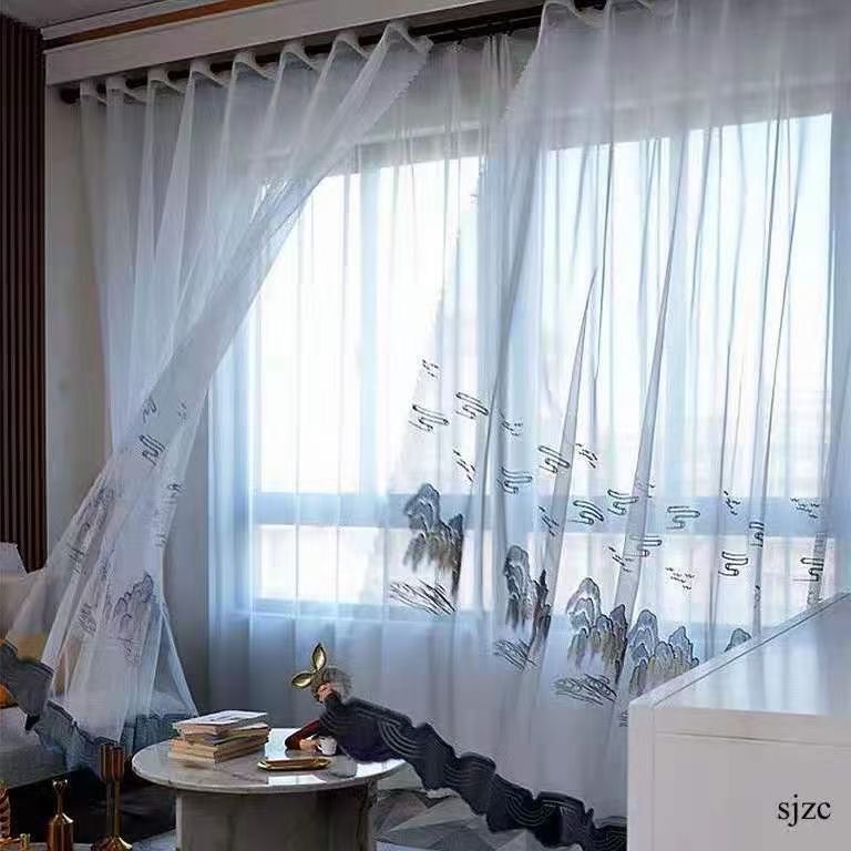 BASIC/中式风格如画山水贴绒刺绣窗纱白纱客厅卧室飘窗成品垂感好