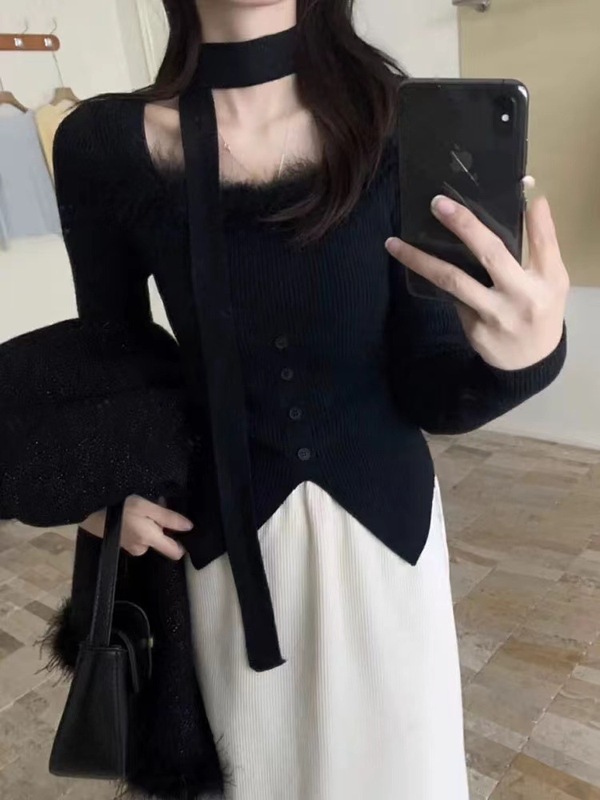 秋冬法式毛毛拼接修身打底针织衫挂脖飘带纯欲小心机掐腰毛衣女|undefined
