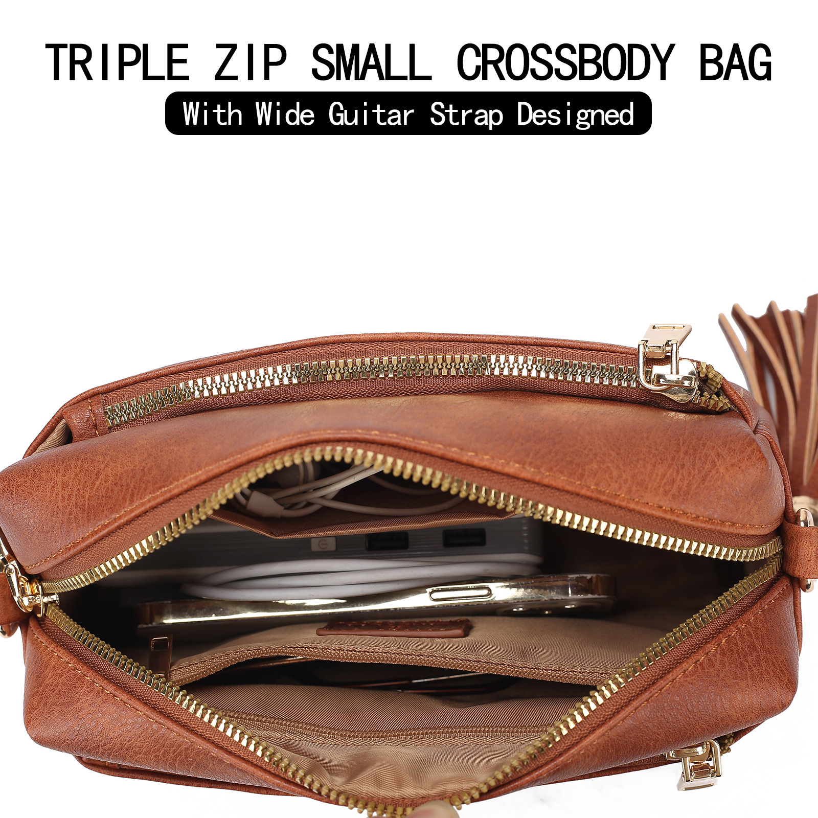 New Women's Crossbody Three Zipper Mobile Phone Leather Handbag Guitar Strap Shoulder Bag_voghion.com