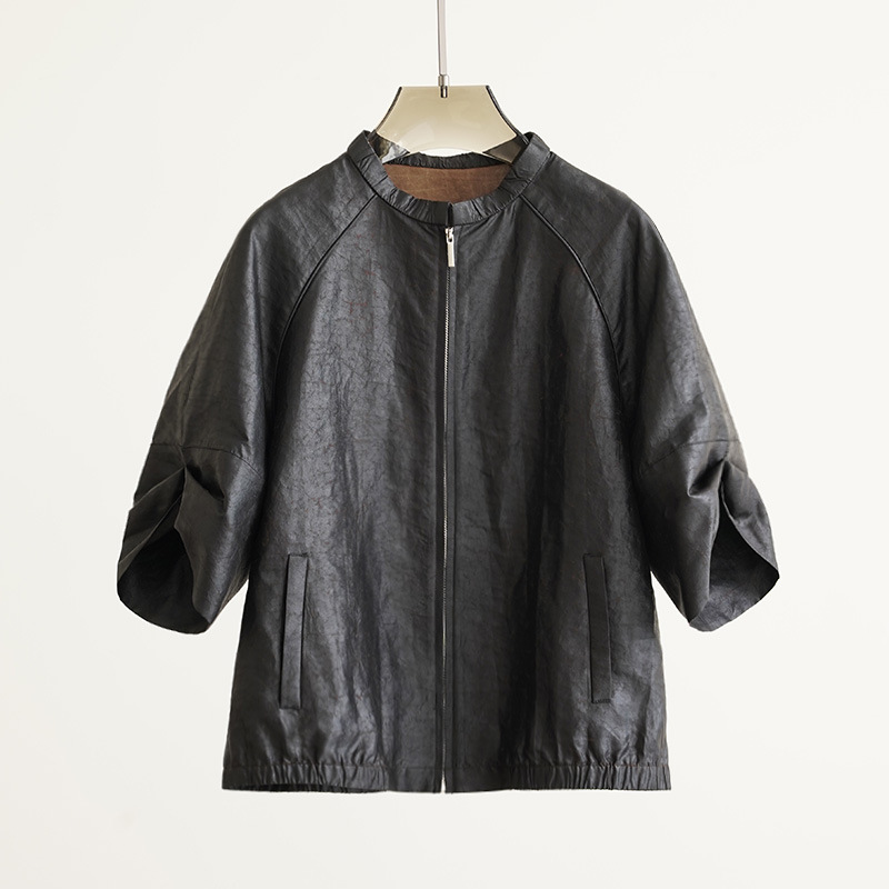 Handsome Old Money-Feeling Mulberry Silk Fragrant Cloud Yarn Turtle Pattern Old Material Three-Quarter Sleeve Zipper Design Sense of Design Jacket