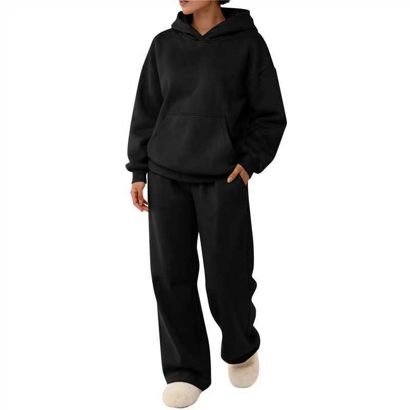 2025 Autumn and Winter New Pure Color Hooded Pullover Casual Sweatshirt Dropped Shoulder Sleeves Wide Leg Pants Men's Sweatshirt Pullover Suit