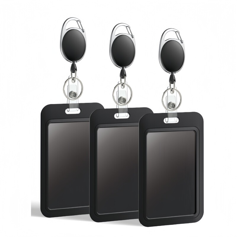 Sliding Hard Id Card Holder Vertical Plastic Card Sleeve Protective Cover Retractable Badge Oval Easy Pull Buckle Keychain