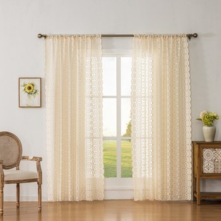 New Trendy Milk Tea Color Light Luxury French Dreamy Checkered Sheer Curtains for Living Room, Balcony, Bedroom, Bay Window, Finished Product