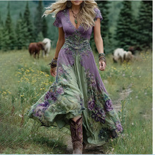 独立站新款大码女装宽松白搭连衣裙 创意花纹图腾 深V短袖连衣裙