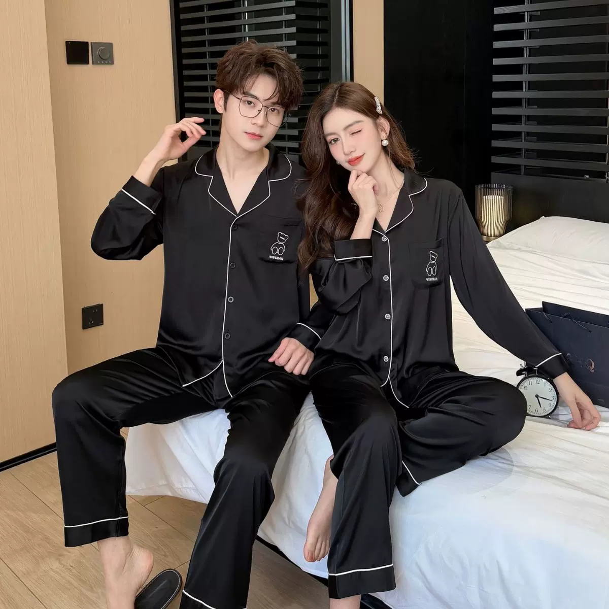 情侣睡衣女春秋冰丝长袖宽松大码家居服秋季休闲套装男10251+N251