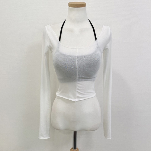 With chest pad] Pure desire camisole halter neck + long-sleeved slightly see-through T-shirt suit sexy and tight, slimming and body-shaping autumn