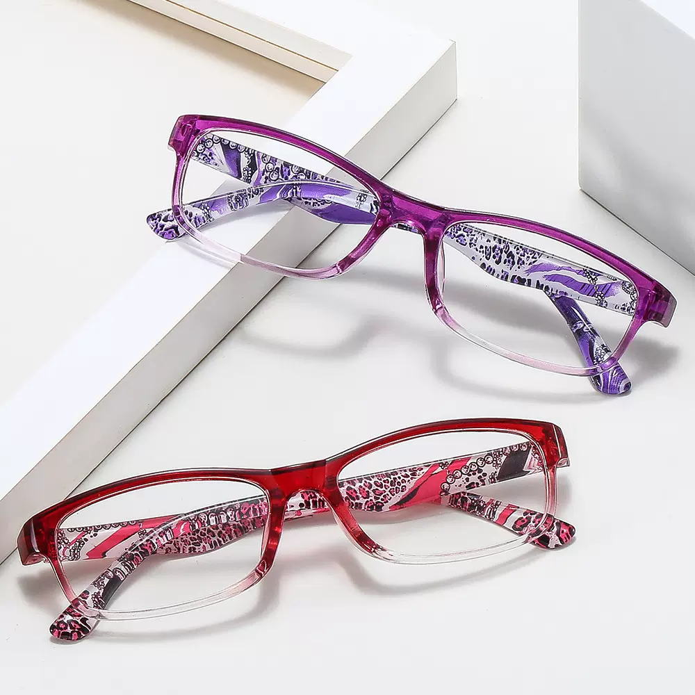 厂家现货供应时尚碎花腿老人阅读眼镜防辐射方形PC框防蓝光老花镜