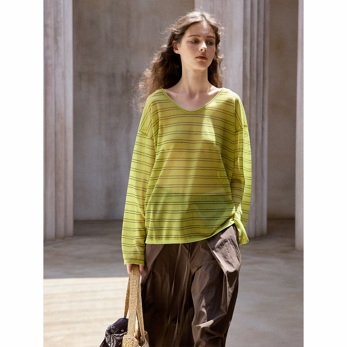 [Contact a Few] Summer Thin Silk Linen Cool Breathable Contrast Color Striped Air Conditioning Long Sleeve Knitted Blouse for Women M8858