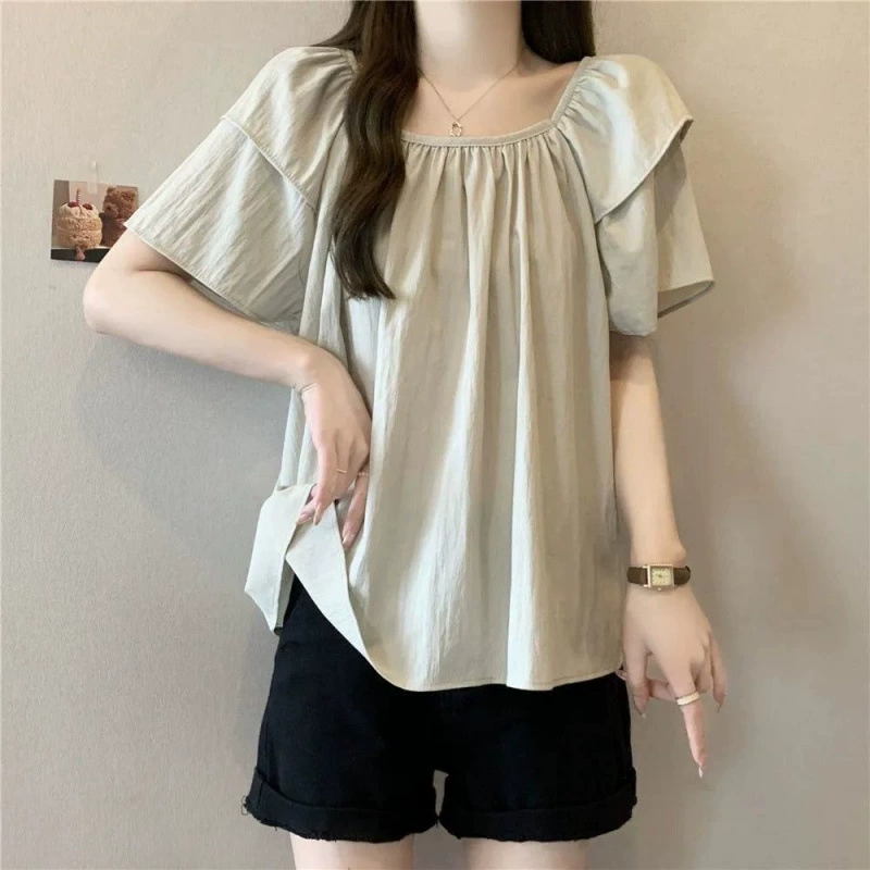 Женские летние свободные топы больших размеров в сладком стиле с воротником-стойкой и короткими рукавами, универсальные нишевые топы, закрывающие живот