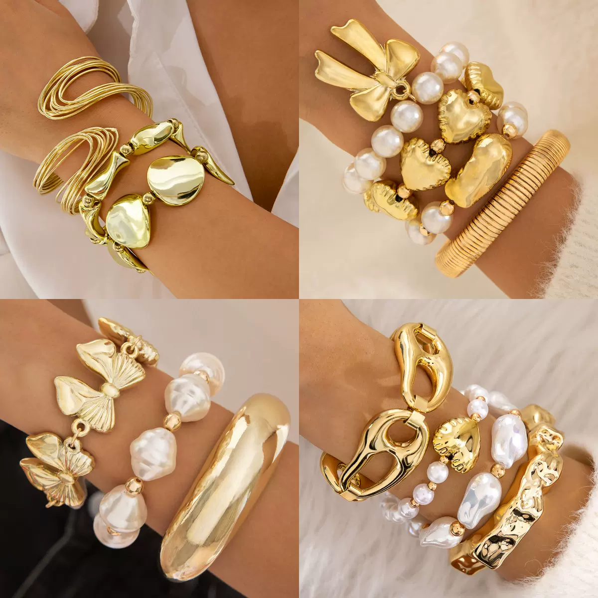 欧美跨境手链多层线条几何夸张开口手镯套装  朋克风CCB串珠手链