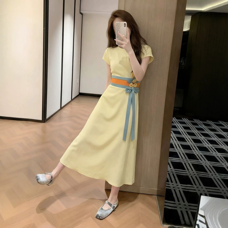 2026 French-Style Floral Lace-Up Dress for Women, Summer Waist-Cinching Slimming Long Dress, Cheese Yellow Mid-Length Dress 2026 French-Style Floral Lace-Up Dress for Women, Summer Waist-Cinching Slimming Long Dress, Cheese Yellow Mid-Length Dress
