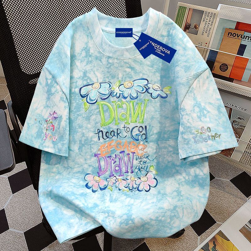 100% Pure Cotton Casual Tie-Dye Short-Sleeve T-Shirt for Men and Women, Summer Versatile Loose Fit Slimming Round Neck Couple's Top 100% Pure Cotton Casual Tie-Dye Short-Sleeve T-Shirt for Men and Women, Summer Versatile Loose Fit Slimming Round Neck Couple's Top