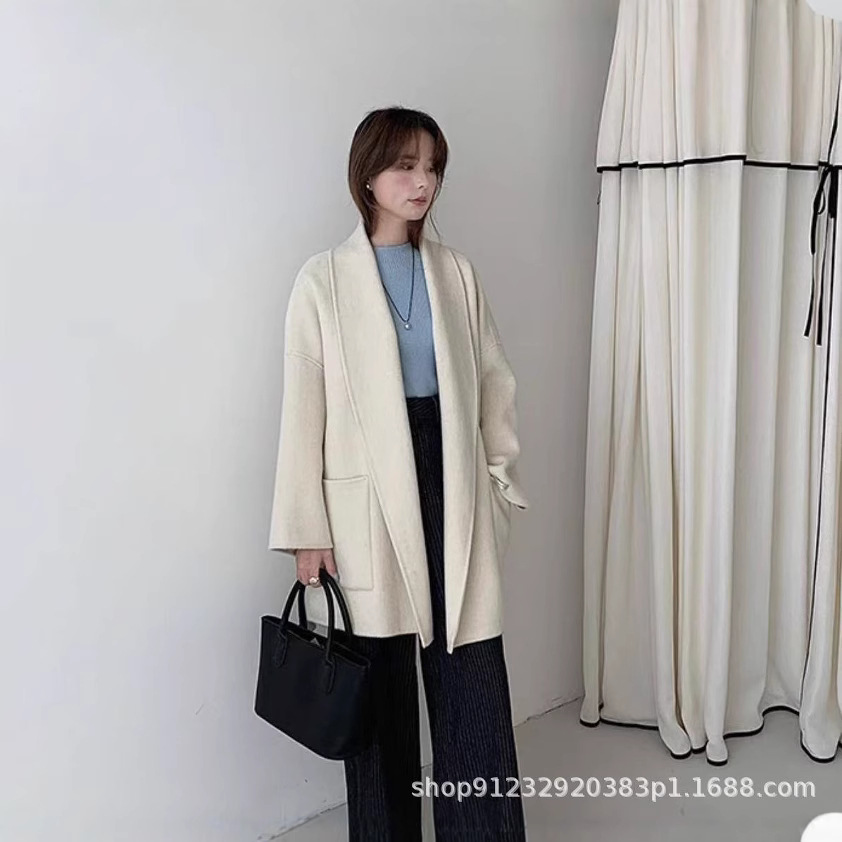 Mid-Length Bathrobe, New Niche Women's Bathrobe Style Double-Sided Wool Coat, Loose and High-End