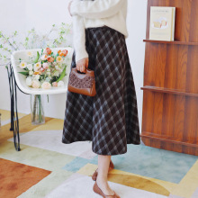 蓝调往事 英伦复古格纹毛呢垂感A字伞裙 设计感文艺风高腰中长裙