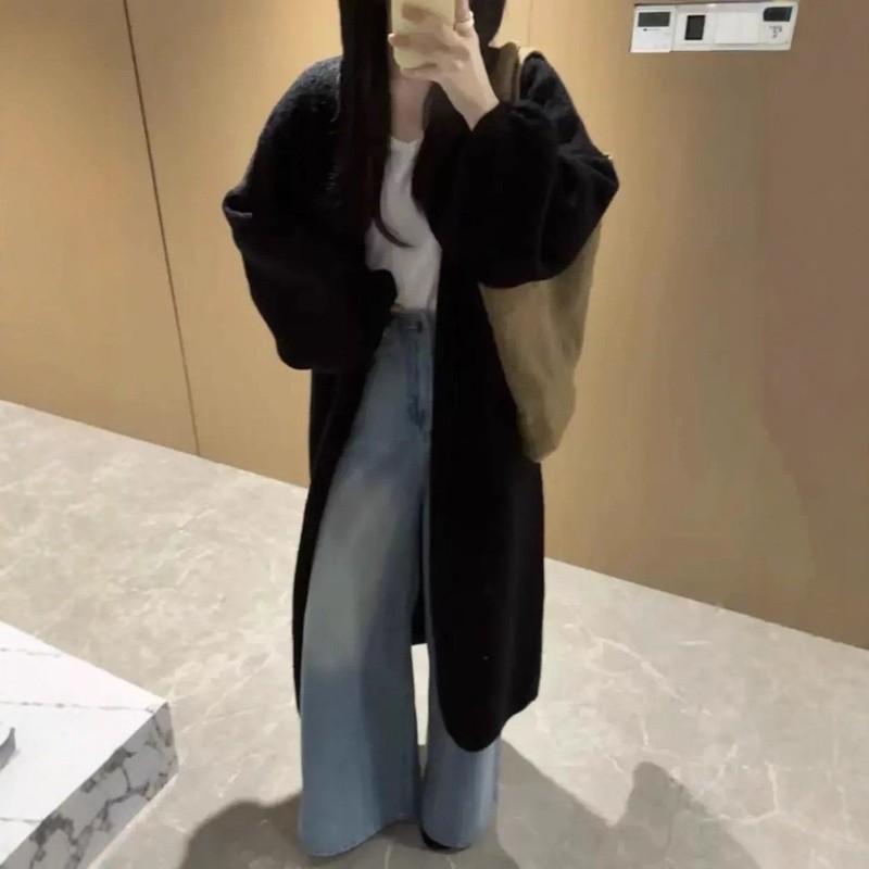 韩系甜美慵懒风大灯笼袖毛衣开衫女树皮纹秋冬中长款针织外套气质|undefined