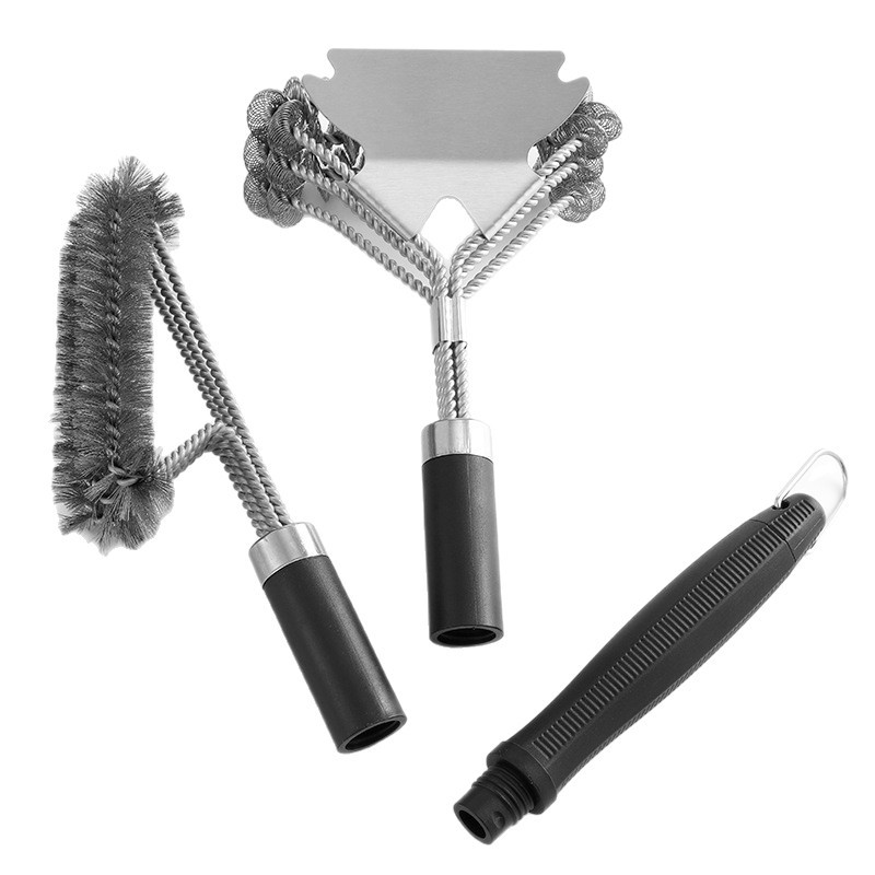 Cepillo de limpieza de barbacoa de acero inoxidable de Amazon Cepillo de limpieza de horno de alambre de acero de tres cabezas de 18 pulgadas Cepillo de parrilla de malla de parrilla BBQ