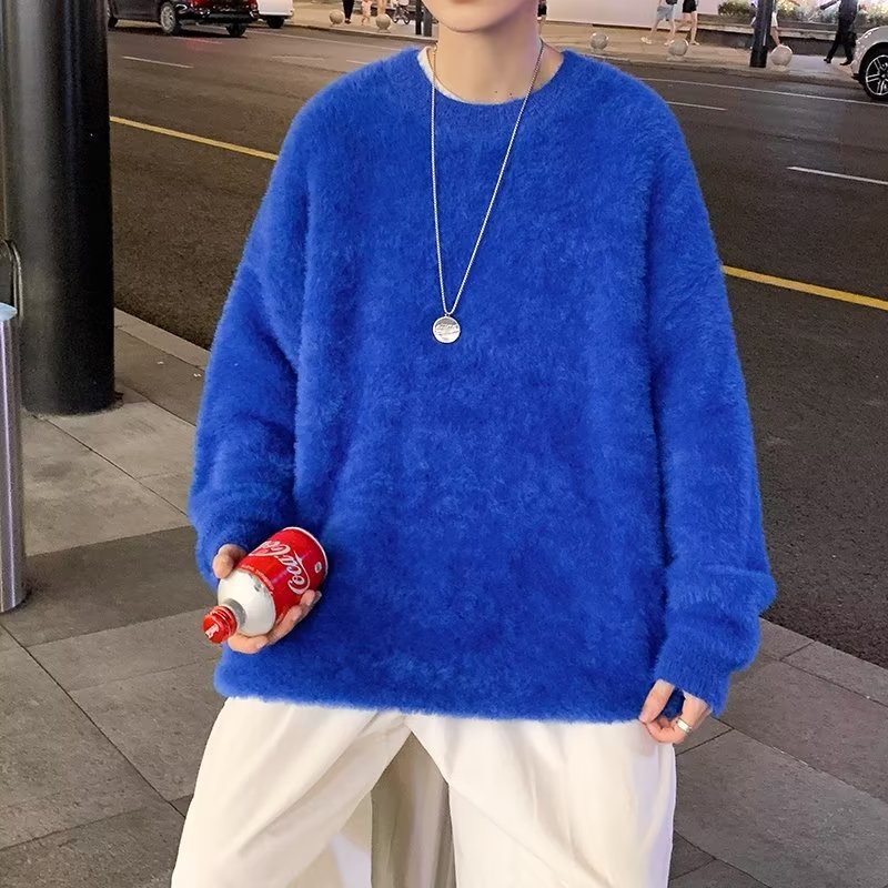 Otoño e Invierno novio estilo engrosado flojo perezoso estilo suéter simple de color sólido cuello redondo suéter blanco estilo coreano de los hombres moda