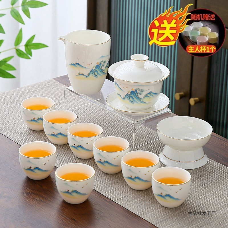 Керамическая белая нефритовая белая фарфоровая чаша Dehua, чайный сервиз кунг-фу, набор чайных чашек, подарок для дома и офиса, полный комплект, элитный
