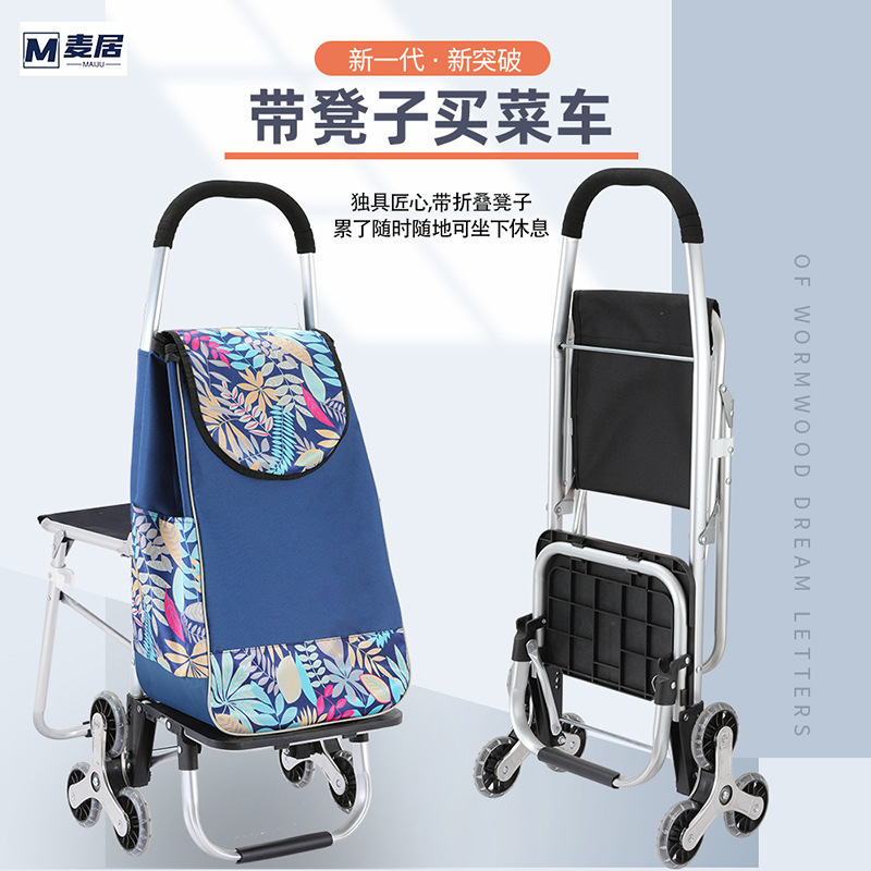Shopping Small Cart Household Folding Portable Elderly Shopping Trolley with Chair Pushable and Sittable Shopping Cart Cart