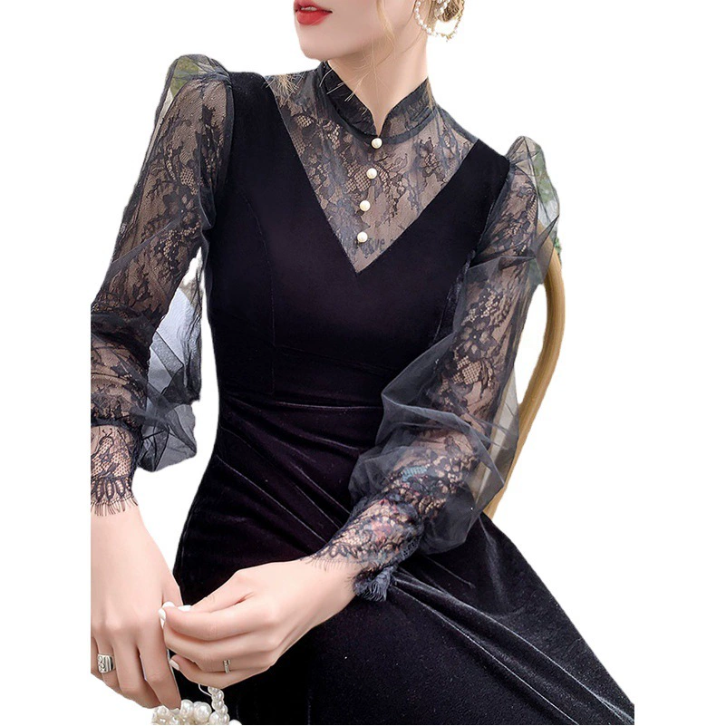 Новое черное вечернее платье в стиле шинуазри с длинным воротником-стойкой, легкое роскошное нишевое кружевное платье с длинными рукавами, которое можно носить на каждый день