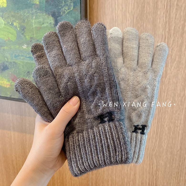 Knitted winter fleece warm retro gloves with letters