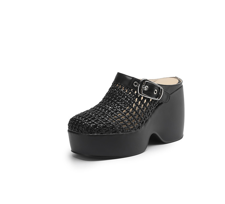 Dép sandal nữ đế xuồng cao gót 11 cm, kiểu mule khoét lỗ, gót wedge La Mã — đen, bạc chi tiết 23