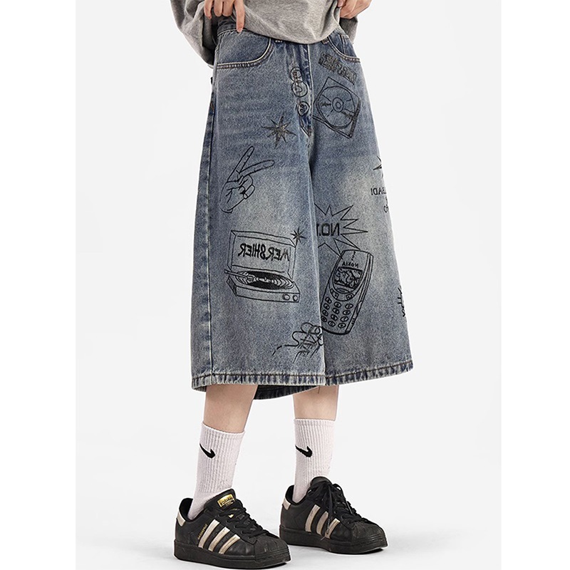 Denim Shorts Men's Summer Thin American Style Loose Casual Capri Pants Straight Wide Leg Five-point Pants 2023 New Arrival