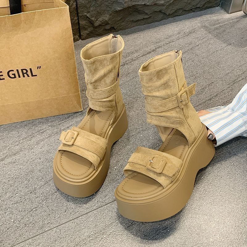 Retro botas romanas de fondo grueso para mujeres otoño y verano 2026 nueva moda versátil botas con cremallera trasera aumentando la altura de los zapatos romanos