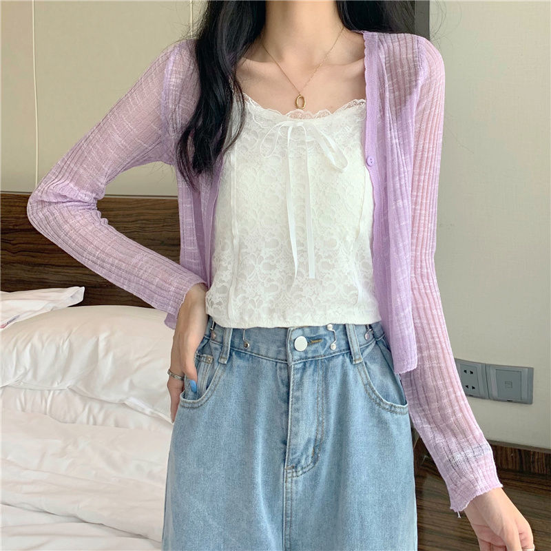 夏季新款休闲冰丝针织开衫女短款长袖外搭防晒衣小披肩上衣女