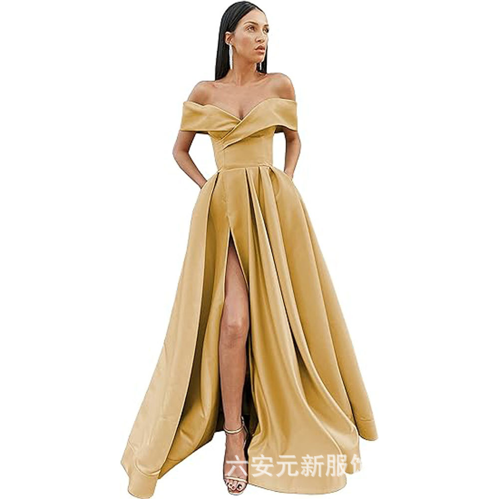 Amazon Comercio exterior fuera del hombro prom vestido de noche largo split sexy Fiesta de las mujeres vestido de banquete