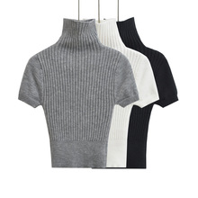 SY2303-23春季新款 韩版粗坑条性感弹力修身氛围感高领短袖针织衫