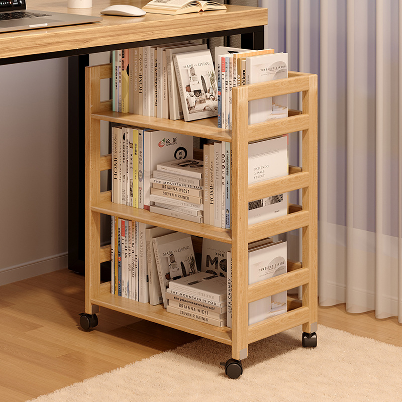 Estantería móvil de madera maciza con ruedas Estante debajo del escritorio Oficina de piso Estante de almacenamiento multicapa Estante para libros pequeños