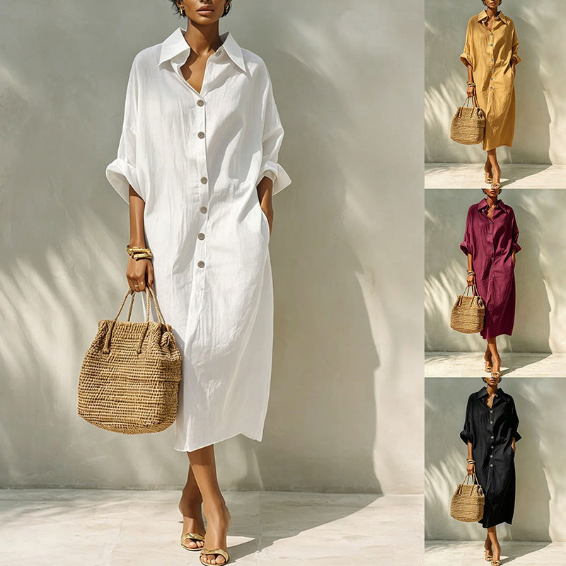Amazon European and American foreign trade women's clothing new cross-border loose-fitting solid color single-breasted lapel design long-sleeve dress