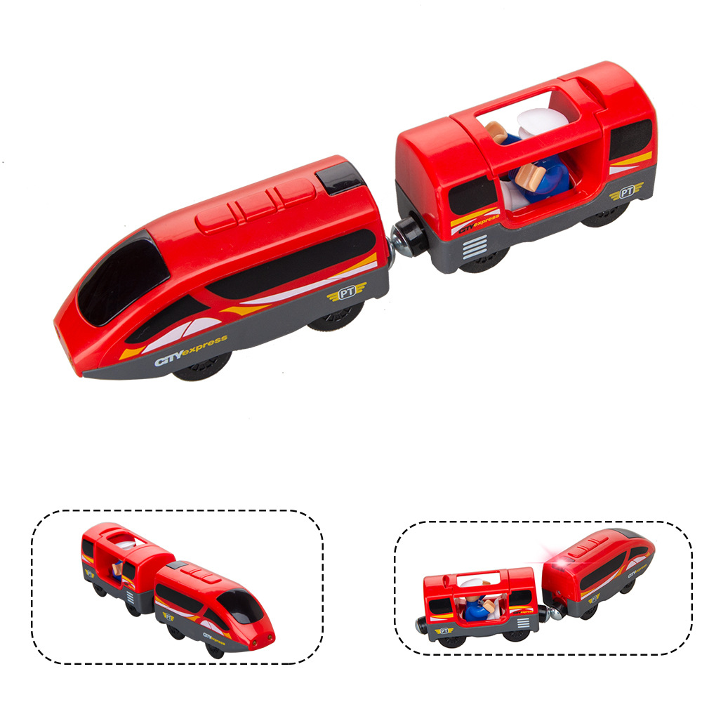 Pequeña locomotora eléctrica bloques de construcción pista remolque cabeza compatible con pista de madera locomotora eléctrica cabeza