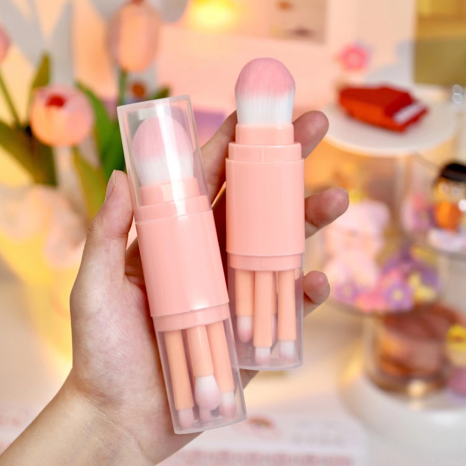 Pincel de maquillaje portátil Juego de 5 piezas Pincel de base de doble cabeza para principiantes de pelo suave Cepillo de sombra de ojos Cepillo corrector de labios y cejas Maquillaje de belleza