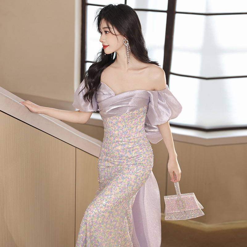 Una palabra hombro vestido de noche mujer 2026 nuevo verano lujo ligero nicho de gama alta celebridad anfitrión vestido de banquete