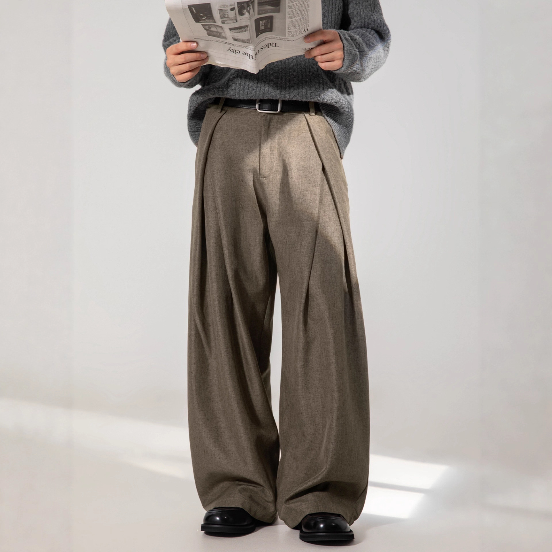 Cross Pleated Design Drapey Casual Men's Trousers Autumn Style Textured Loose Straight Pants Trendy Retro Long Trousers