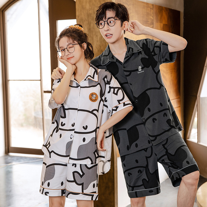 Exquisite Embroidered Couple Pajamas Summer Pure Cotton Short-sleeved Shorts Cardigan Thin Cute Men's Home Clothes Women's Suit