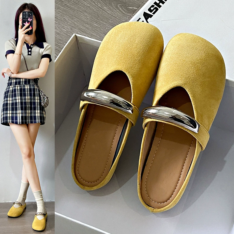 Французские полутапочки одиночные туфли женская весна и лето 2025 новая металлическая пряжка Мэри Джейн туфли