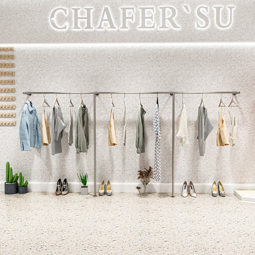 Display Rack for Clothing Store, Wall-Hanging Iron Rod with Stainless Steel Brushed Silver Finish, Popular Women's Fashion and Children's Apparel, Floor-Standing Showcase Shelf
