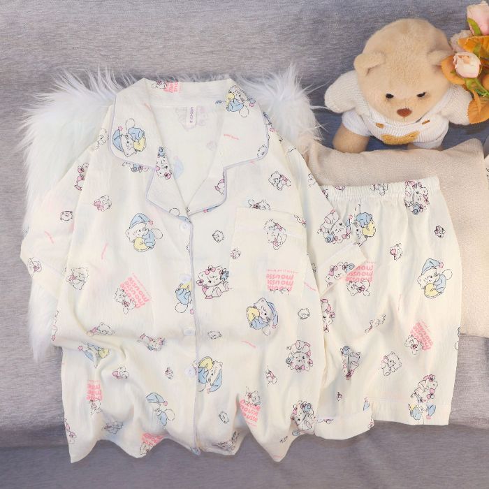 Pijamas de algodón nubes al por mayor transfronterizos de mujeres pantalones cortos de mangas cortas de verano nuevos cardigans con solapas de dibujos animados lindos cubiertas de ropa para el hogar