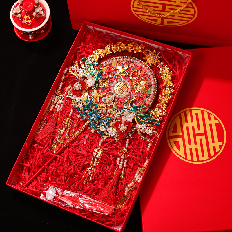 红色重工团扇新娘结婚工艺扇diy材料包复古手工成品秀禾高级喜扇|undefined