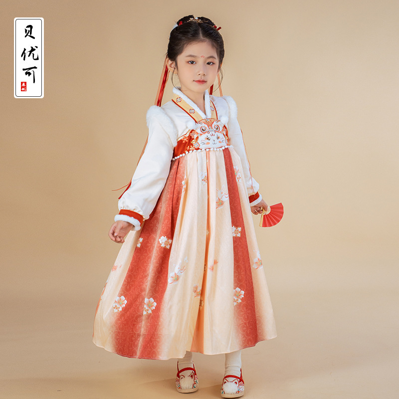 2022winter new fleece-lined dress long dress girls' hanfu Chinese style dress printed embroidered ancient style ancient style