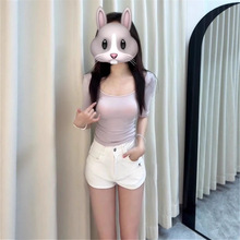纯欲粉色短袖u领正肩短袖T恤女夏新款半袖好看修身紧身显瘦上衣