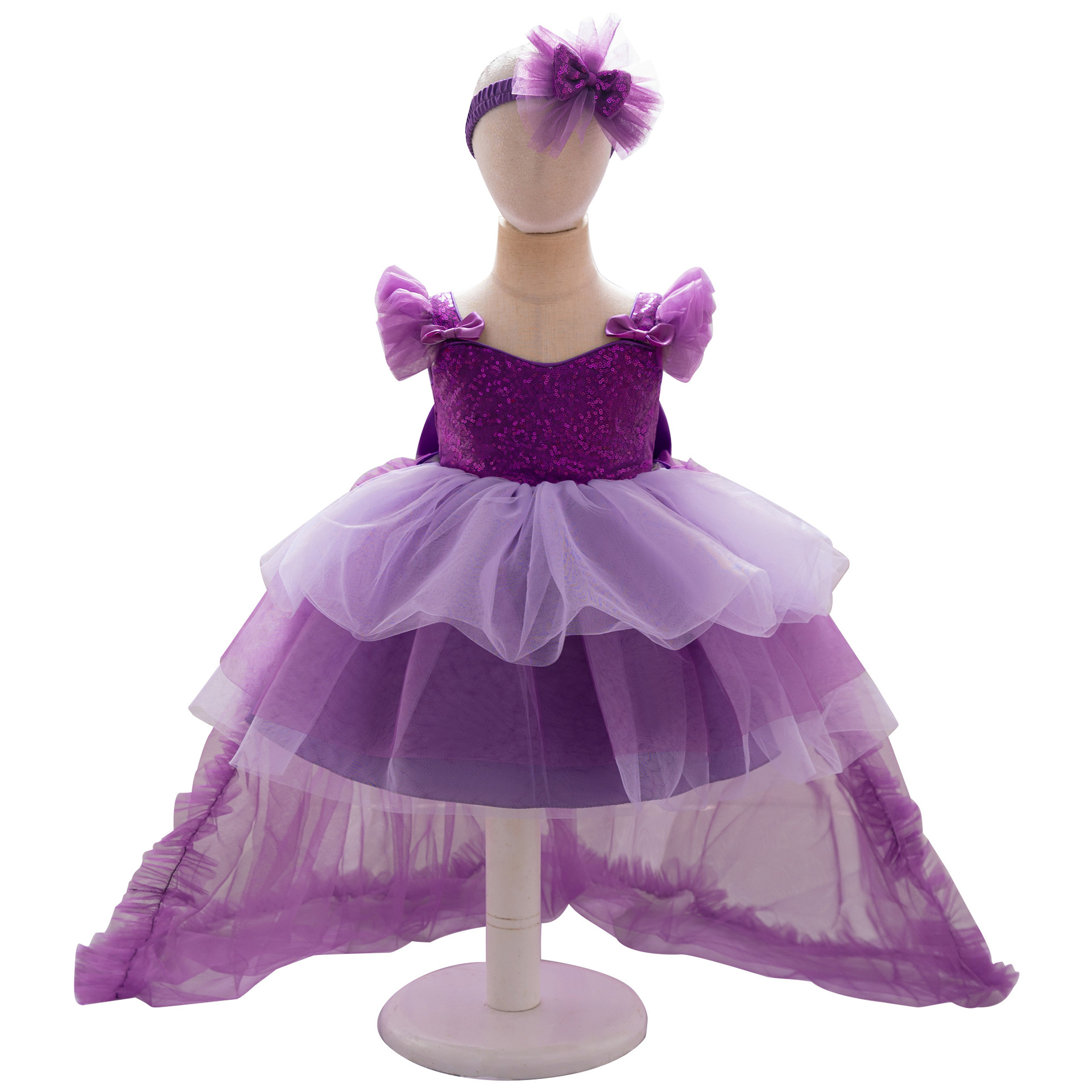 Nueva falda de vestido de un año de manga corta plisada malla encaje cola falda de princesa hilo mullido vestido de novia de niña de flores