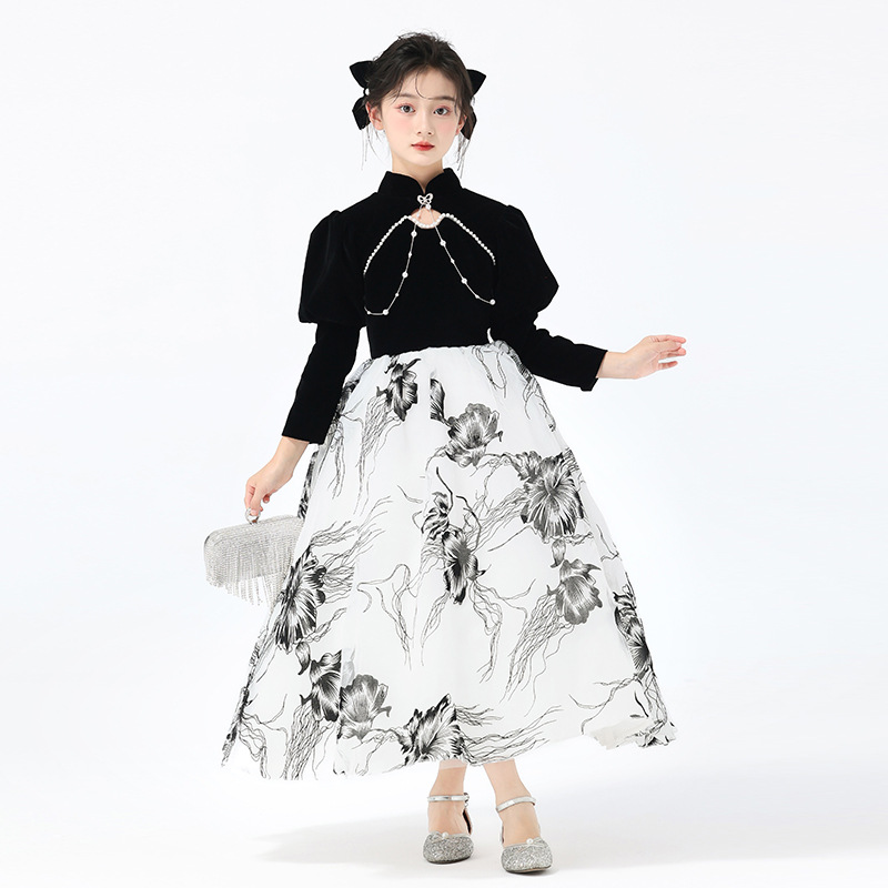 Vestido infantil vestido nuevo estilo chino tinta estilo vestido de alta gama vestido de princesa chica anfitriona de piano despeje