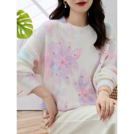 2024秋冬新款温柔风洋气针织衫休闲甜美长袖水钻仿马海毛毛衣女潮