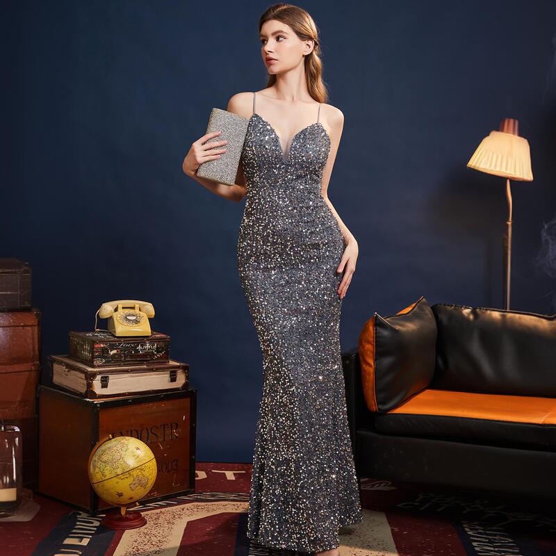 Evening Dress, Feminine, Socialite, High-End Party, Heavy Industry Sequins, Sexy Slimming Look Long Suspender Dress