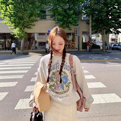 盐系灰色加绒圆领卫衣女秋冬季玫瑰字母印花宽松高级感无帽上衣潮