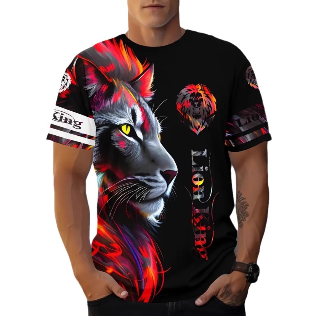 Colorido león KING venta caliente impresión 3D hombre calle suelta transpirable hombro jersey manga corta cuello redondo camiseta